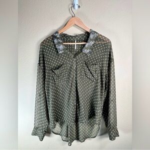 Free People Olive Polka Dot Button-Down Blouse with Contrast Collar